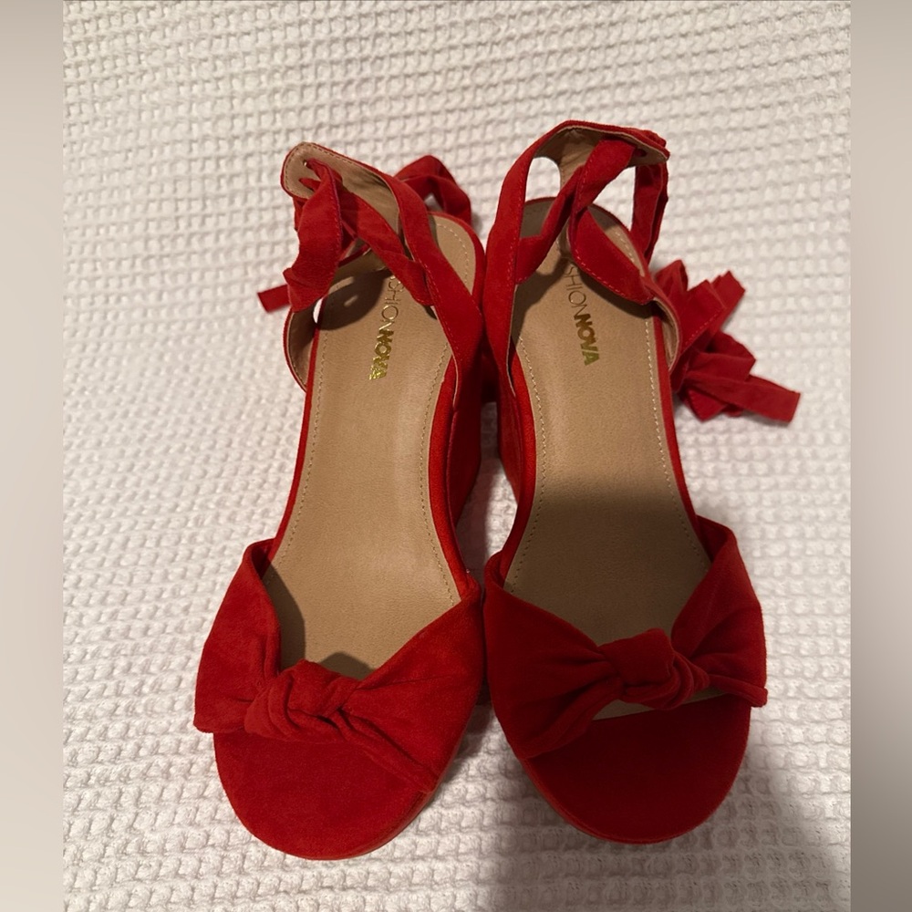 Fashion Nova Red Sandals with Bow Detail